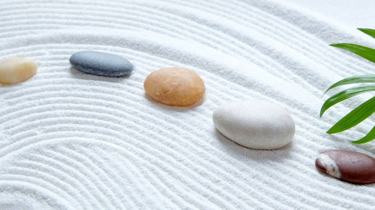 Behavioral Cents Logo | Take Control, Find Peace Stones aligned on sand in peaceful design